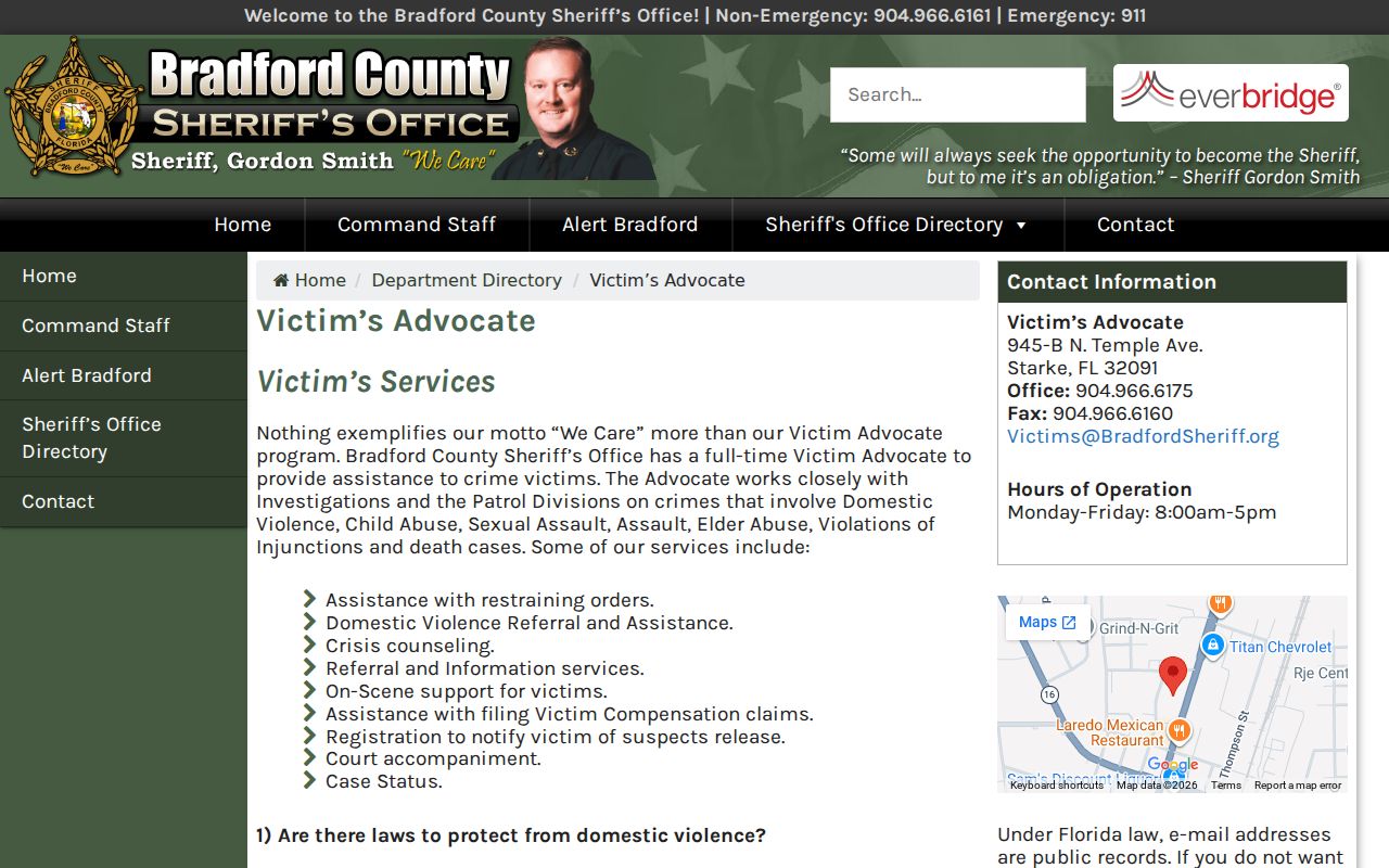 Bradford County Sheriff victim advocate arrest and booking information