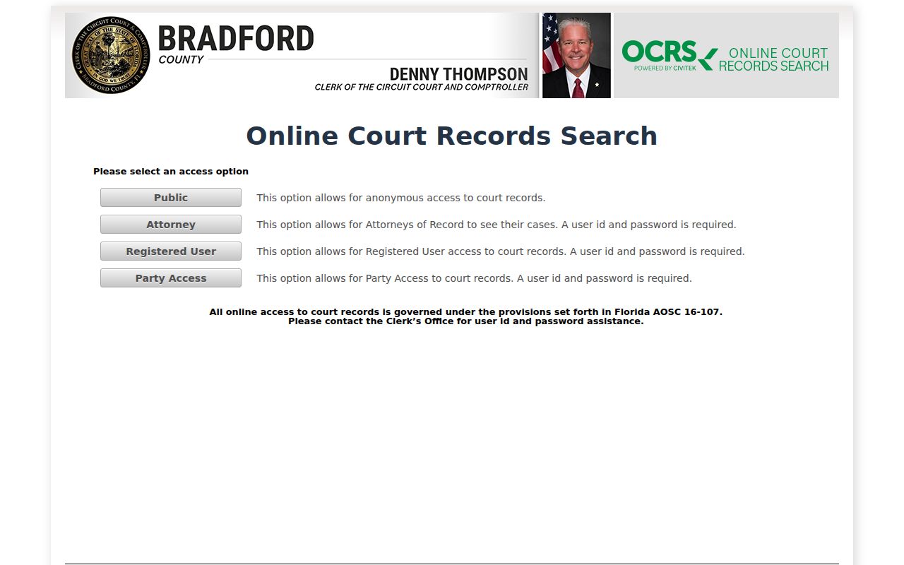 Bradford County Civitek court records access page