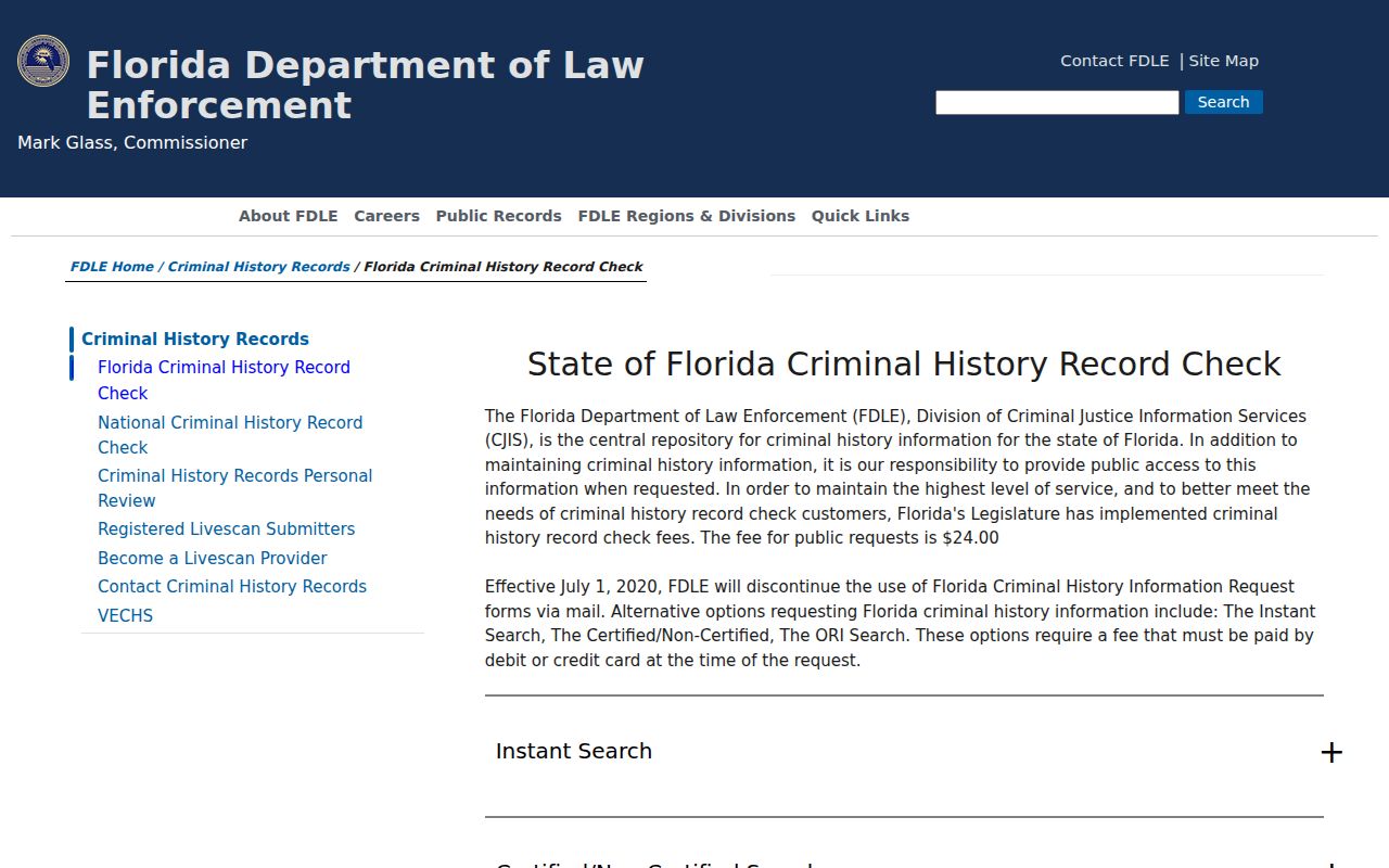 FDLE Florida criminal history check options