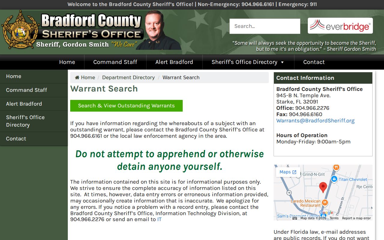Bradford County Sheriff warrant search guidance