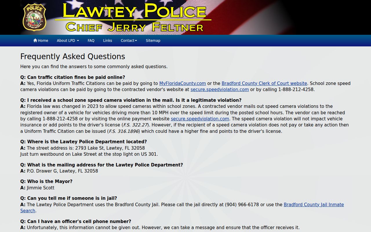 Lawtey Police FAQ for citations, jail routing, and camera notices