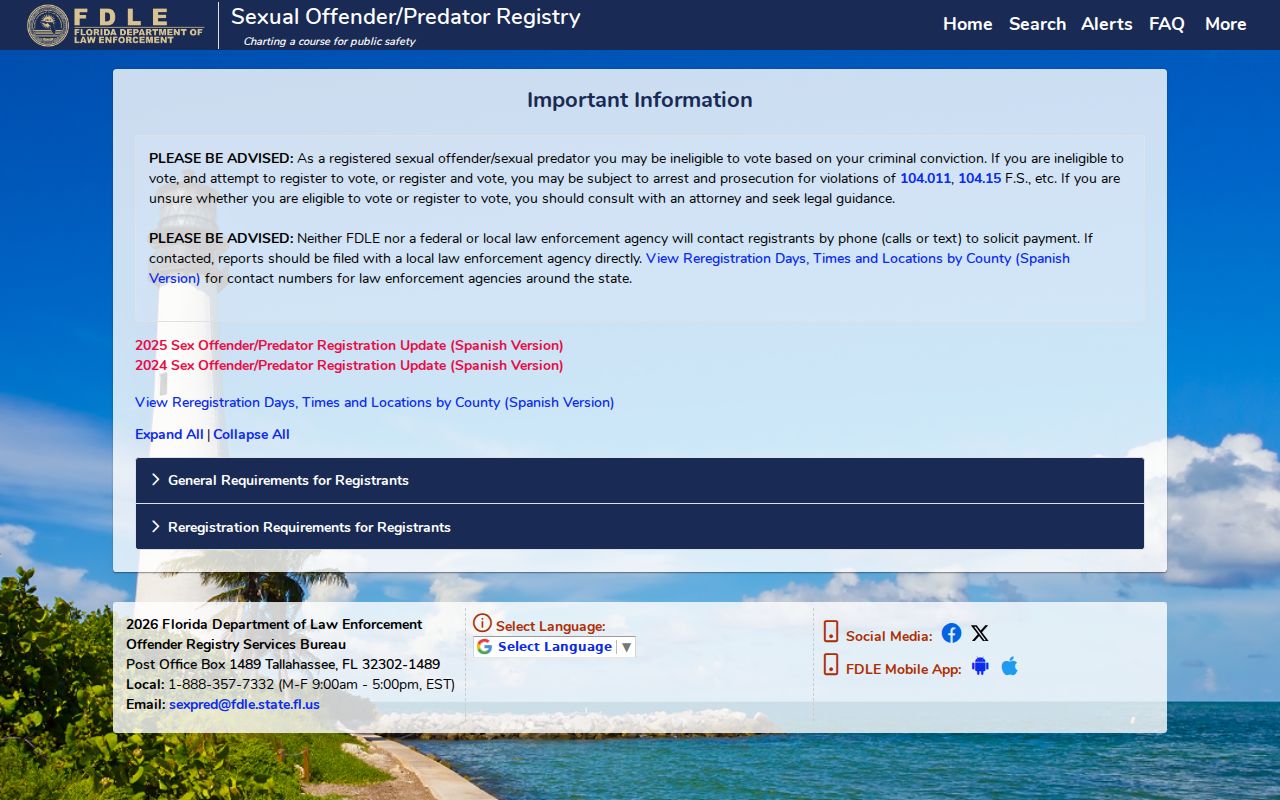 Bradford County sex offender registration obligations from FDLE